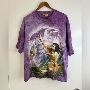 The Mountain, purple, tie-dye, Native American, wolf, dream catch tee. XL